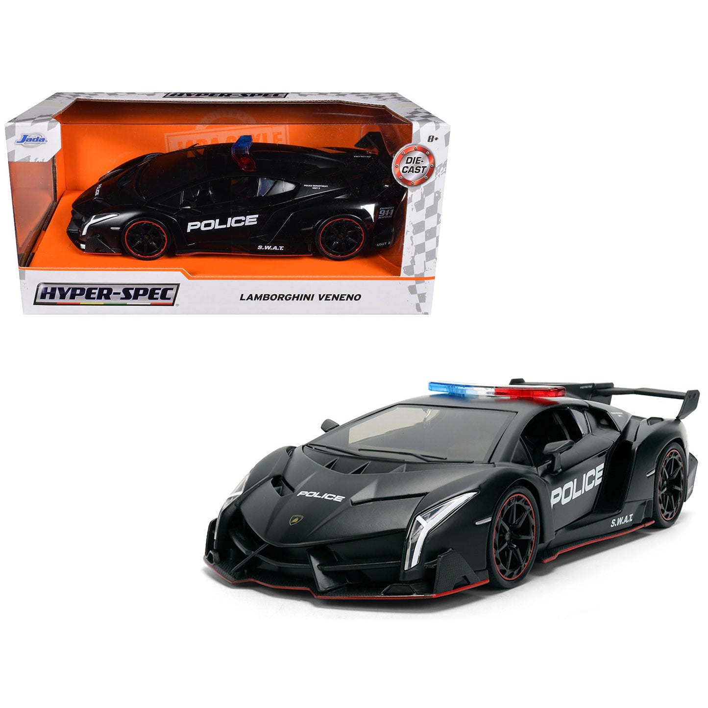 Lamborghini Veneno "Police" Matt Black "Hyper-Spec" Series 1/24 Diecast Model Car