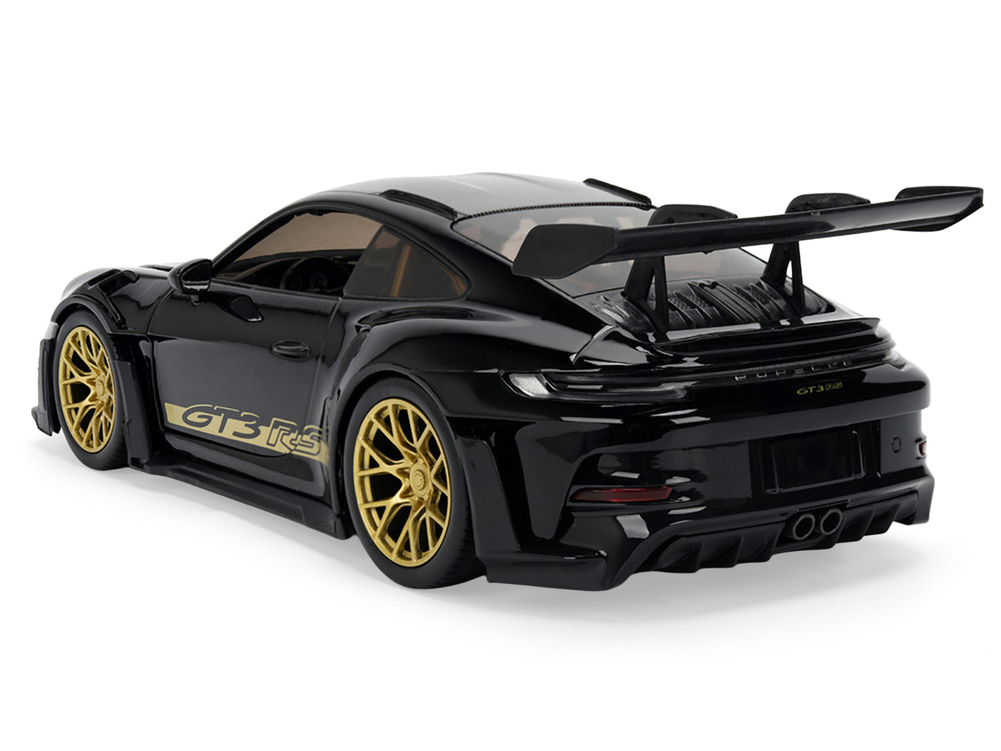 Porsche 911 (992) GT3 RS Black with Carbon Top and Hood Stripes and Gold Wheels "Hyper-Spec" 1/24 Diecast Model Car