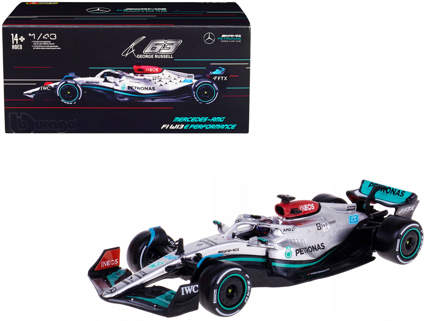 Mercedes-AMG F1 W13 E Performance #63 George Russell "F1 Formula One World Championship" (2022) with Display Case 1/43 Diecast Model Car