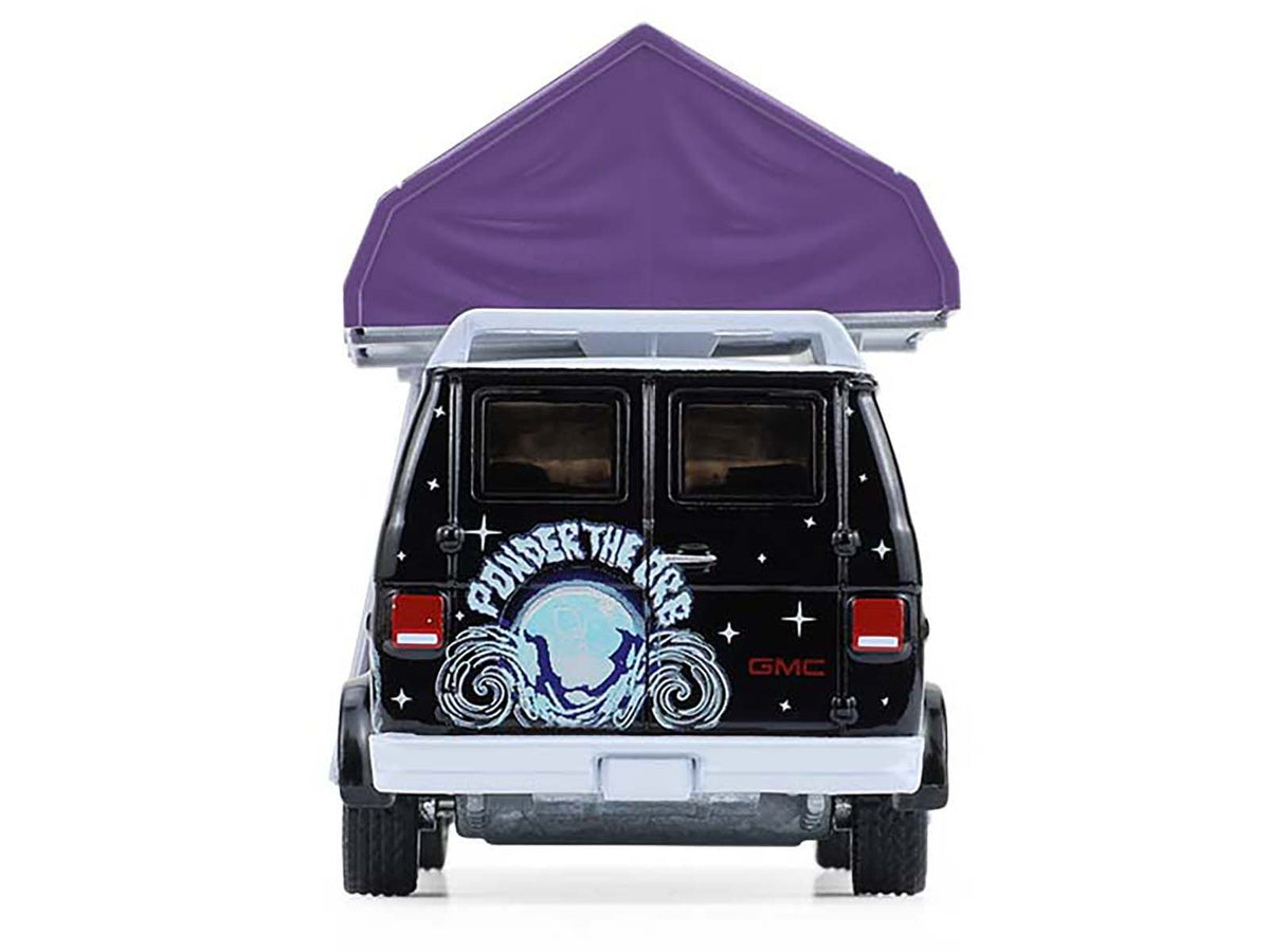 1978 GMC Vandura Custom Van Black with Wizard Graphics and White Top with Camp'otel Cartop Sleeper Tent "The Great Outdoors" Series 4 1/64 Diecast Model Car