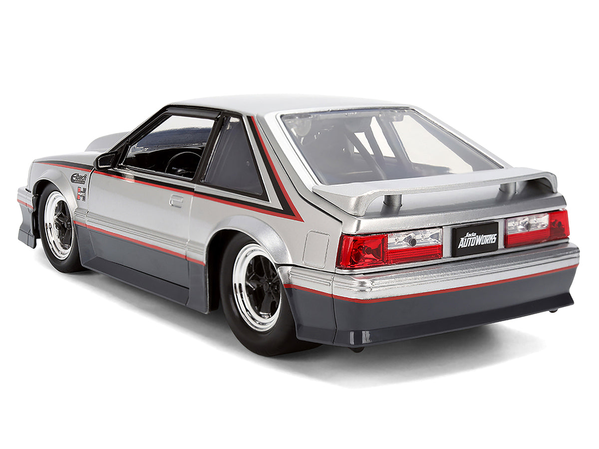 1989 Ford Mustang GT Silver Metallic and Gray with Black and Red Stripes "AutoWorks" Series 1/24 Diecast Car Model