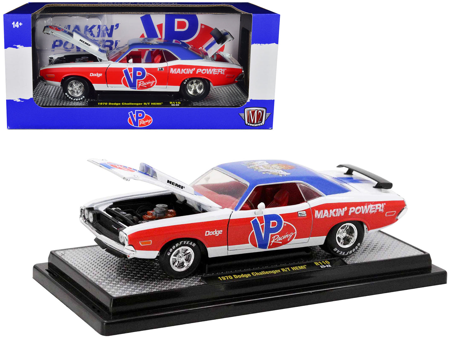 1970 Dodge Challenger R/T Hemi White with Red and Blue Stripes with Red Interior "VP Racing" Limited Edition to 5710 pieces Worldwide 1/24 Diecast Model Car