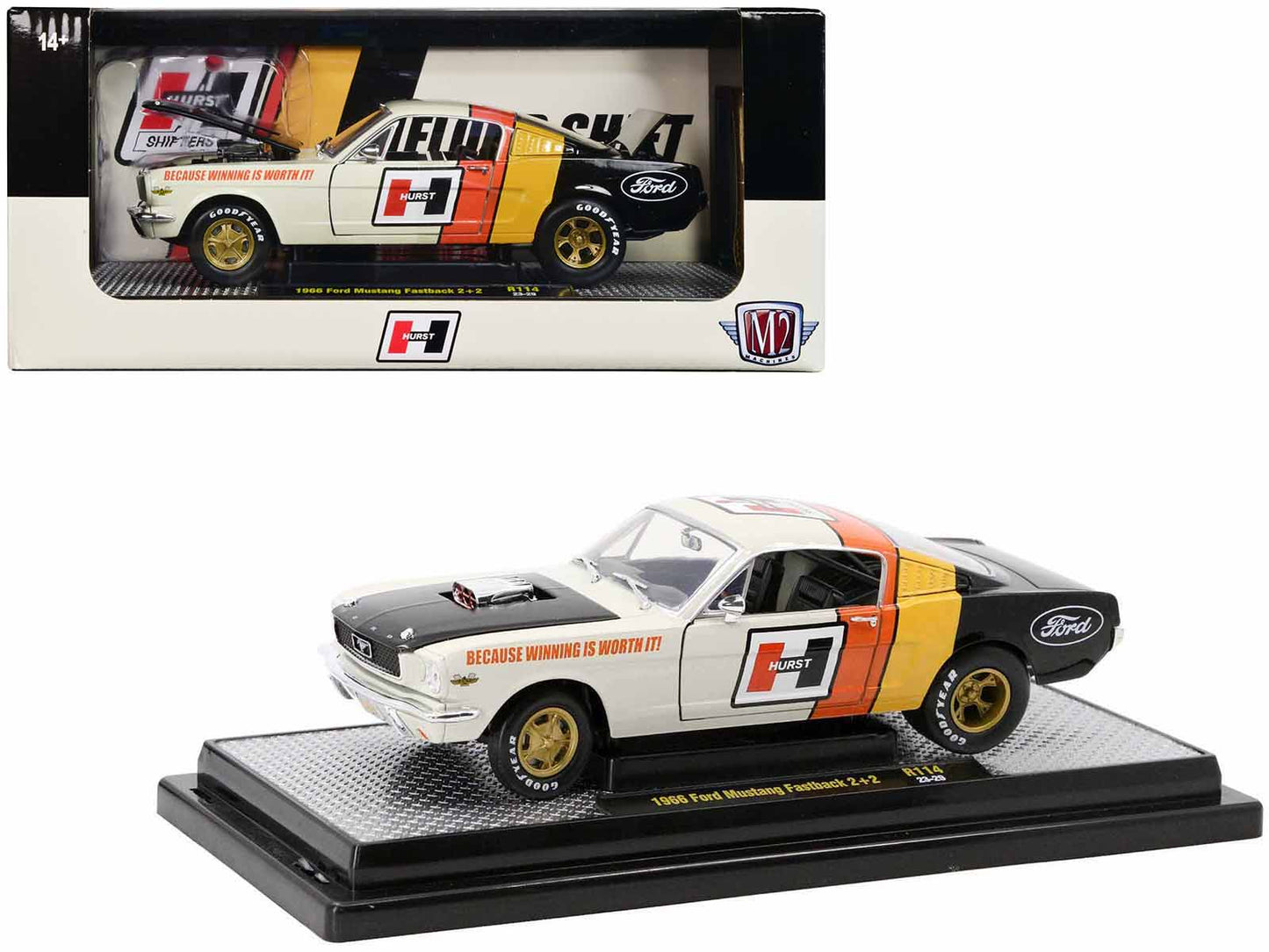 1966 Ford Mustang Fastback 2+2 Off White and Black with Red and Yellow Stripes "Hurst Shifters" Limited Edition to 6000 pieces Worldwide 1/24 Diecast Model Car