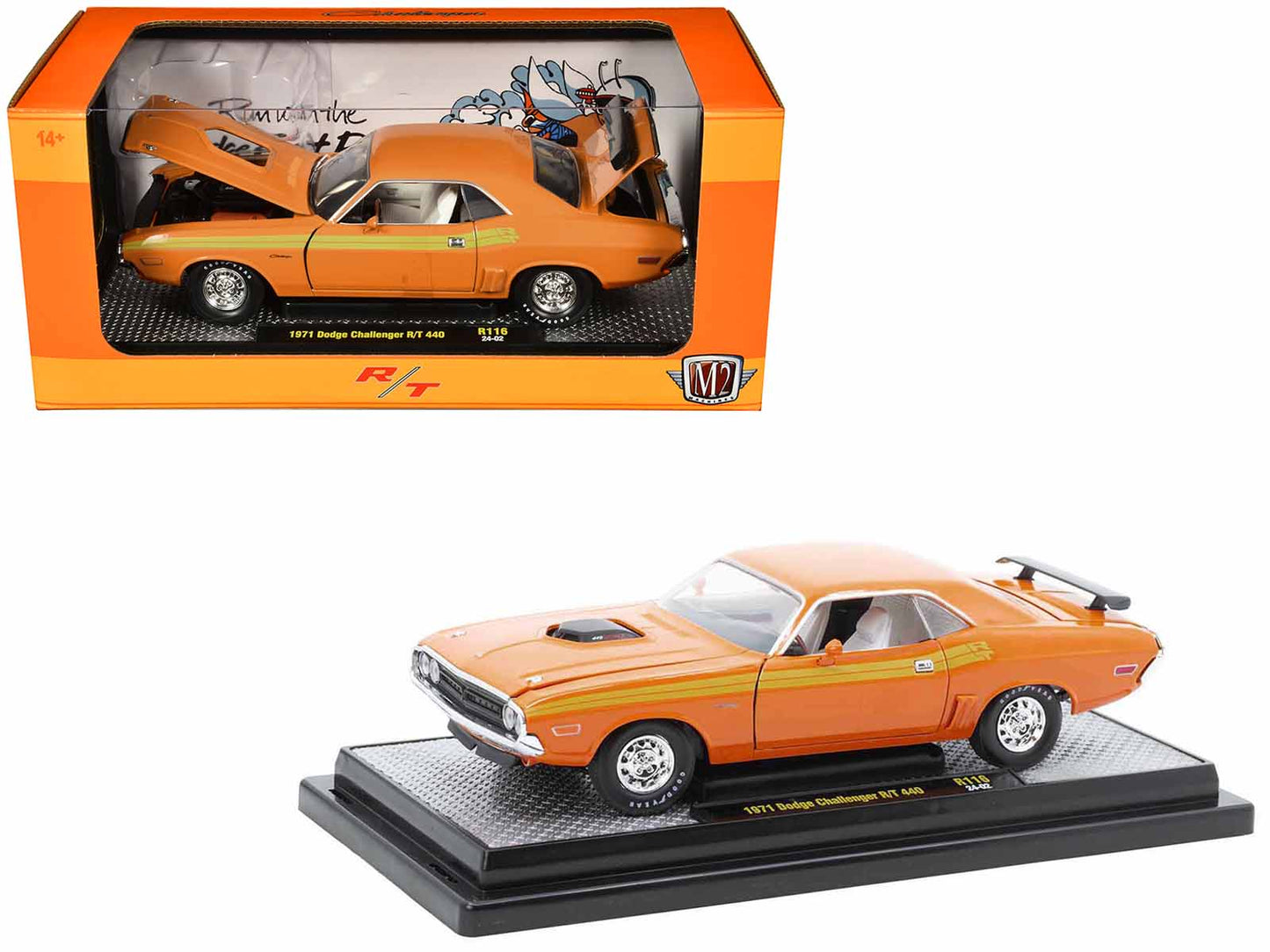 1971 Dodge Challenger R/T 440 Orange with Yellow Stripes and White Interior Limited Edition to 5250 pieces Worldwide 1/24 Diecast Model Car