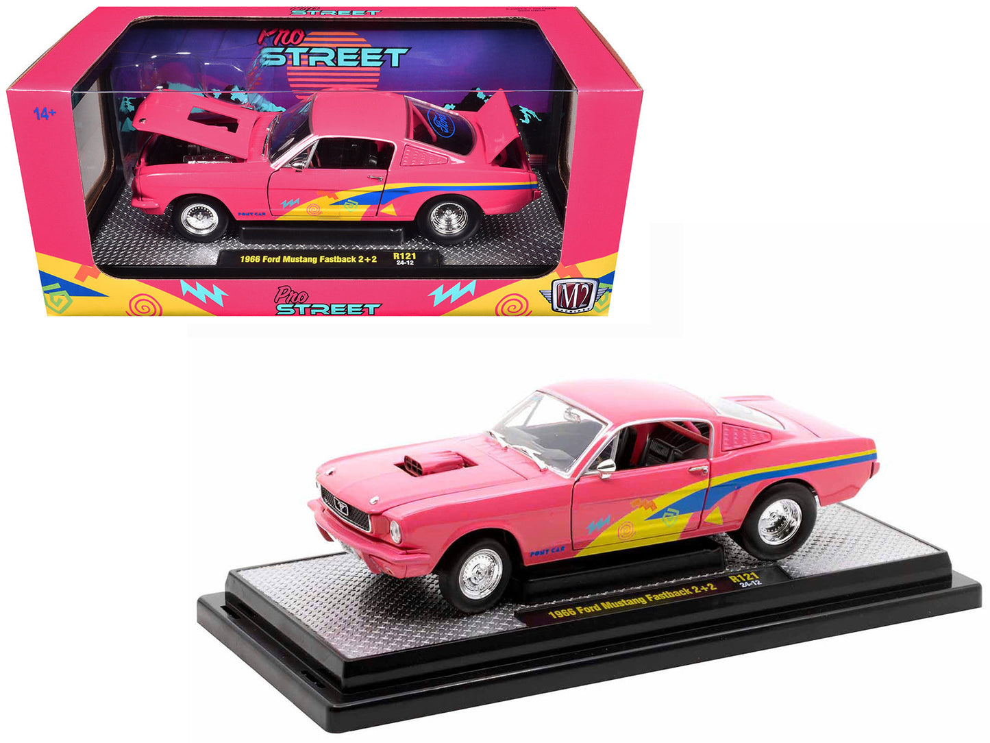 1966 Ford Mustang Fastback 2+2 Pink with Blue and Yellow Stripes "Pro Street" Limited Edition to 6250 pieces Worldwide 1/24 Diecast Model Car