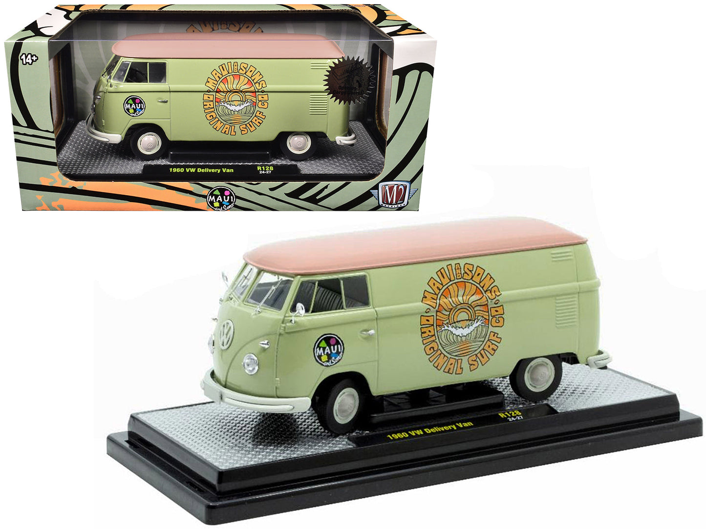 1960 Volkswagen Delivery Van "Maui & Sons" Light Olive Green with Salmon Top Limited Edition to 6650 pieces Worldwide 1/24 Diecast Model Car