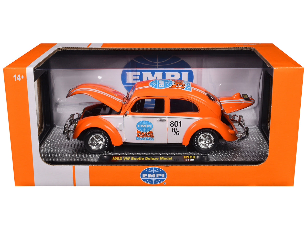 1952 Volkswagen Beetle Deluxe Model "EMPI Power Rules" Orange and White with Graphics Limited Edition to 6650 pieces Worldwide 1/24 Diecast Model Car