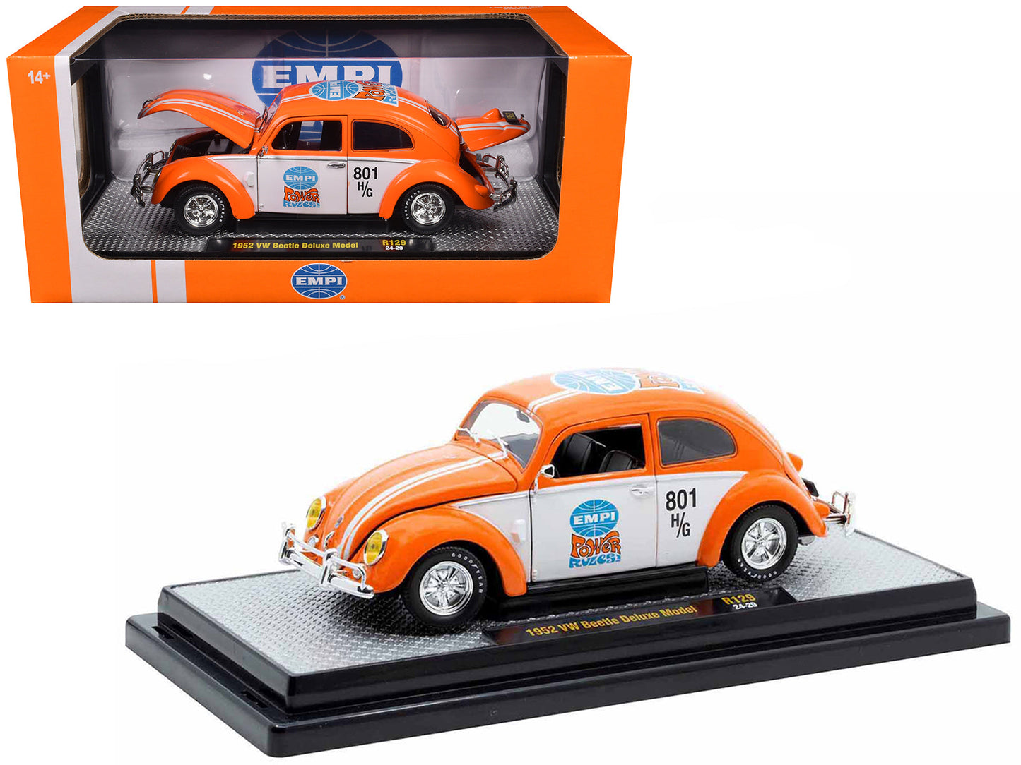 1952 Volkswagen Beetle Deluxe Model "EMPI Power Rules" Orange and White with Graphics Limited Edition to 6650 pieces Worldwide 1/24 Diecast Model Car