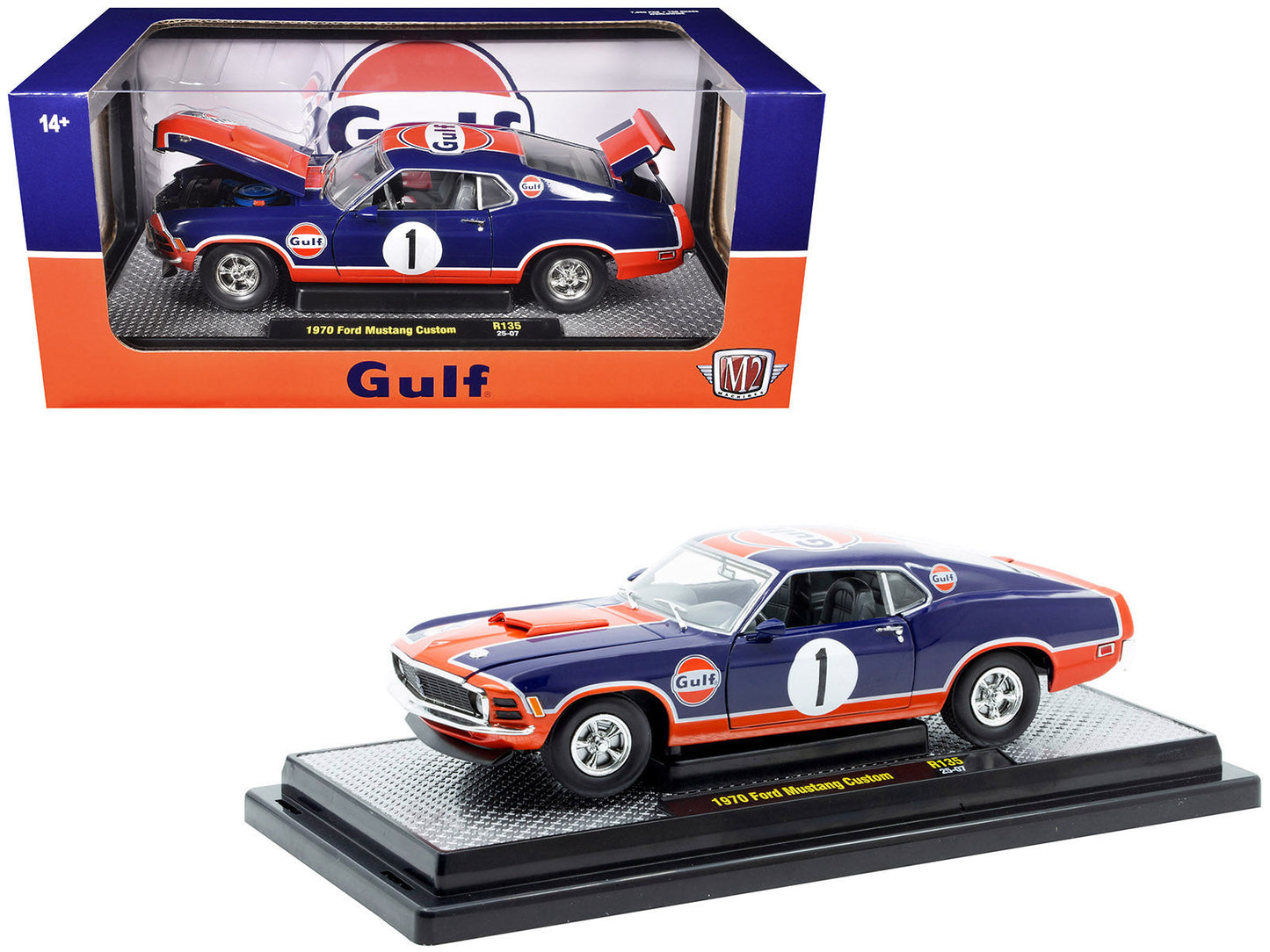 1970 Ford Mustang Custom #1 "Gulf Oil" Dark Blue with Orange Graphics Limited Edition to 7850 pieces Worldwide 1/24 Diecast Model Car