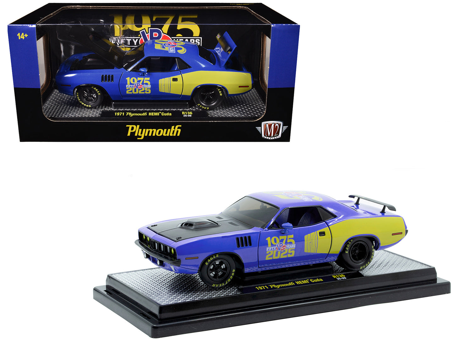 1971 Plymouth Hemi Cuda "VP Racing 50 Years" Blue with Yellow Sides Limited Edition to 8650 pieces Worldwide 1/24 Diecast Model Car