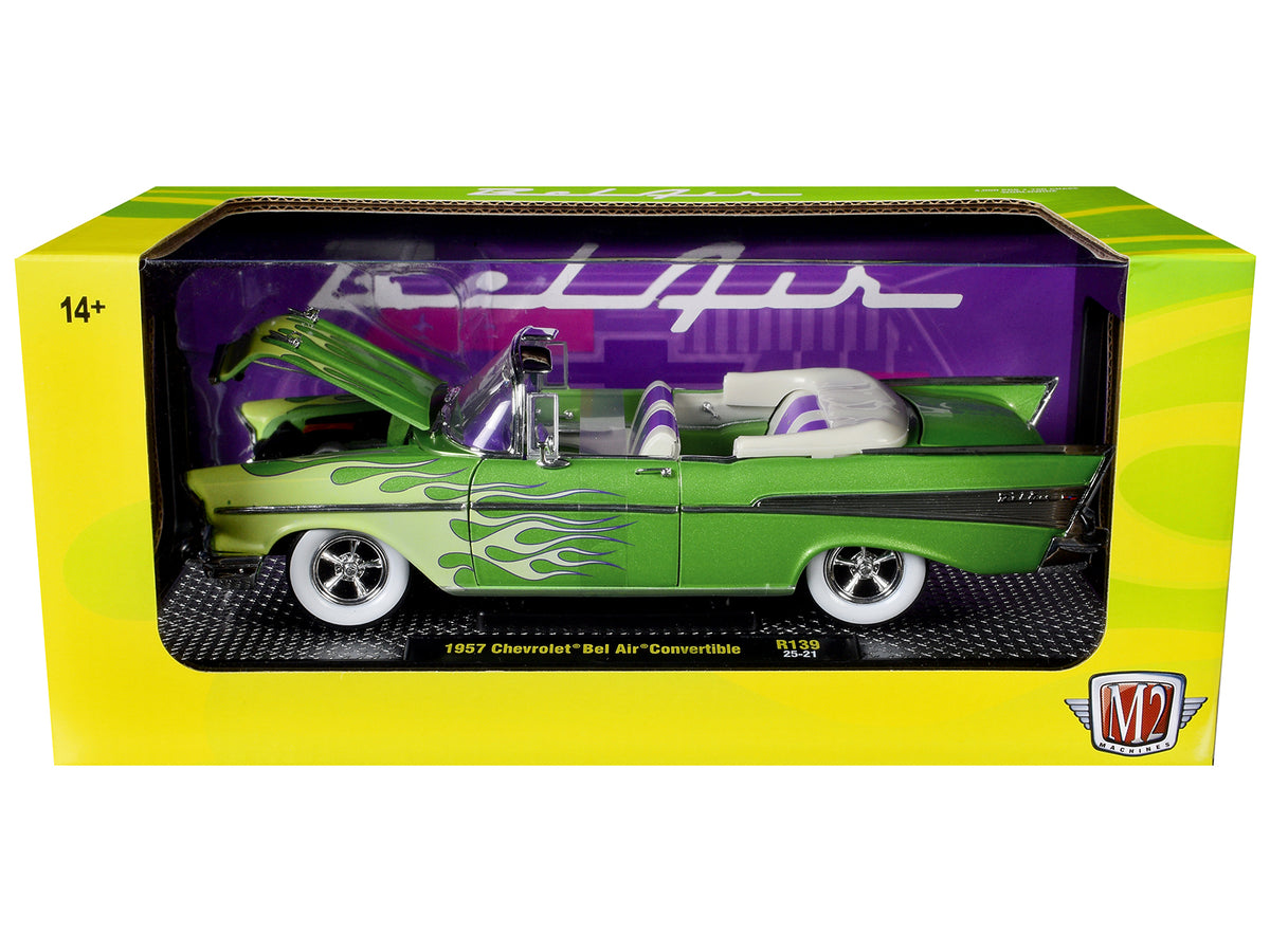 1957 Chevrolet Bel Air Convertible Green Metallic with Flame Graphics and Purple and White Interior Limited Edition to 4050 pieces Worldwide 1/24 Diecast Model Car