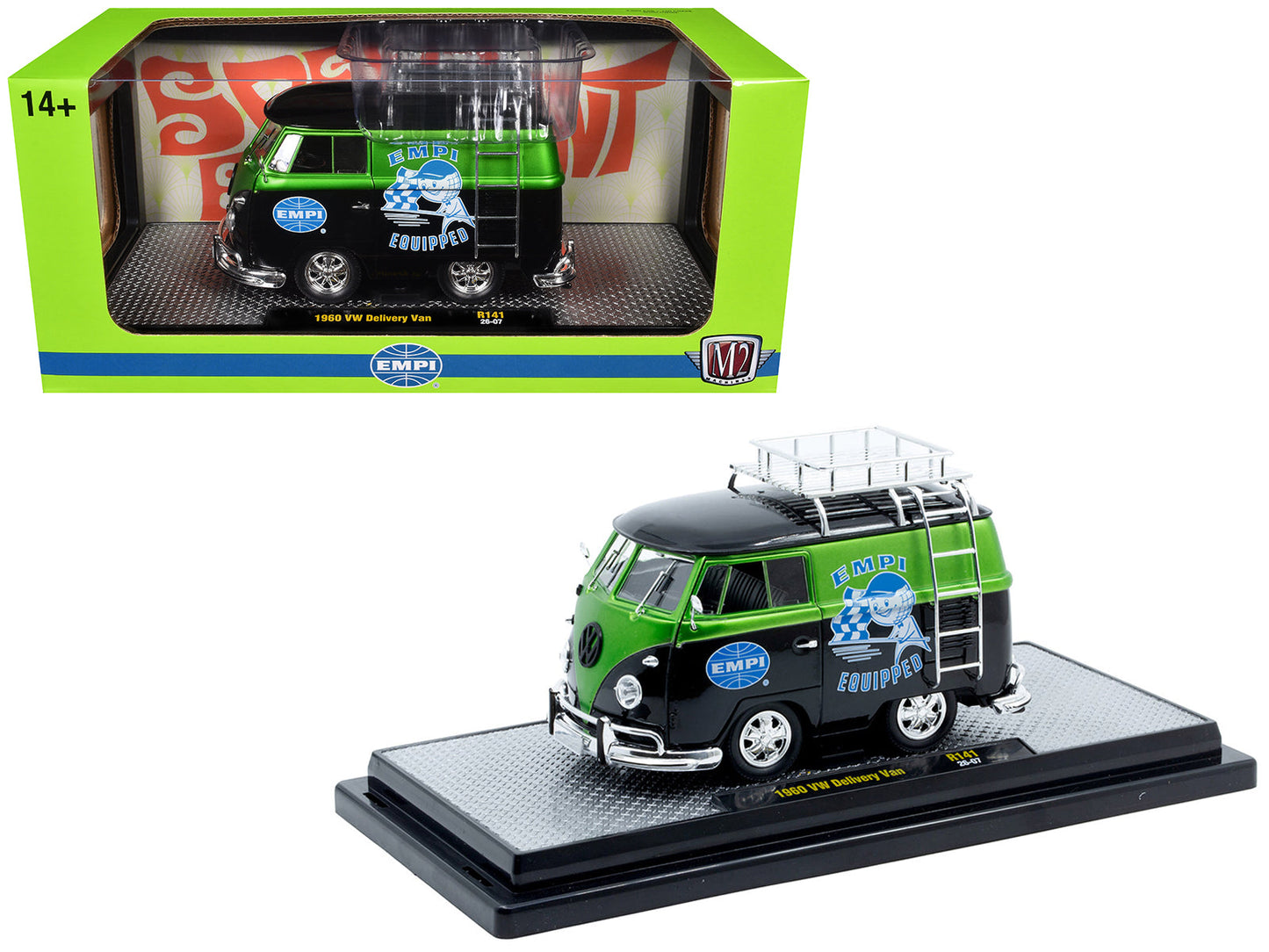 1960 Volkswagen Delivery Van "EMPI Equipped" Black and Green Metallic with Roof Rack and Ladder Limited Edition to 4050 pieces Worldwide 1/24 Diecast Model Car