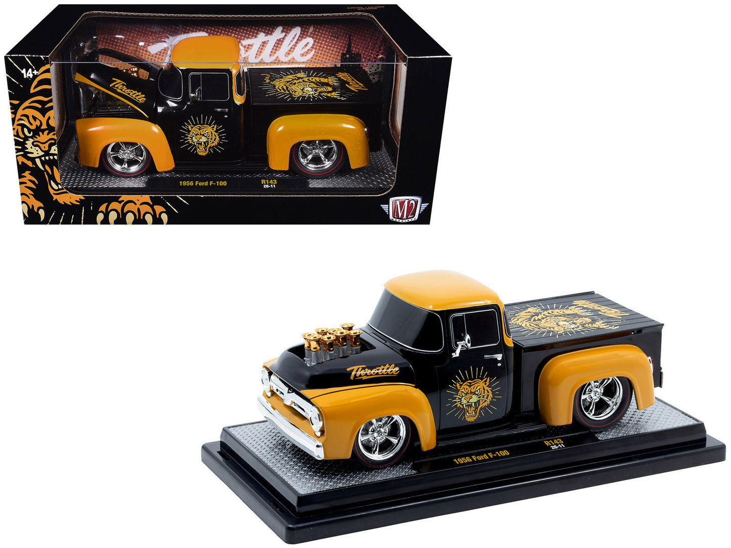 1956 Ford F-100 Pickup Truck "Throttle" Black with Brown Top and Fenders with Graphics Limited Edition to 6250 pieces Worldwide 1/24 Diecast Model Car
