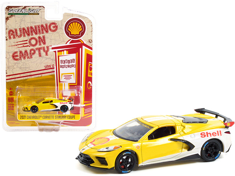 2021 Chevrolet Corvette C8 Stingray Coupe "Shell Oil" Yellow and White "Running on Empty" Series 13 1/64 Diecast Model Car