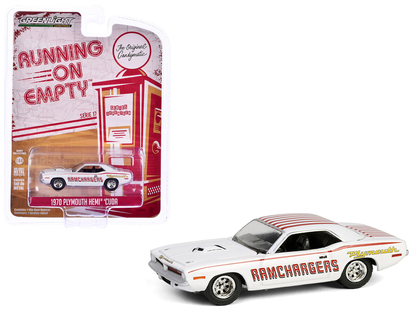 1970 Plymouth Hemi Barracuda "Ramchargers" White with Red Stripes "Running on Empty" Series 17 1/64 Diecast Model Car