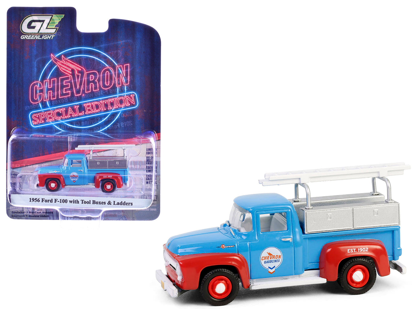 1956 Ford F-100 Pickup Truck with Tool Boxes and Ladders "Chevron" Blue and Red "Chevron Special Edition" Series 1 1/64 Diecast Model Car
