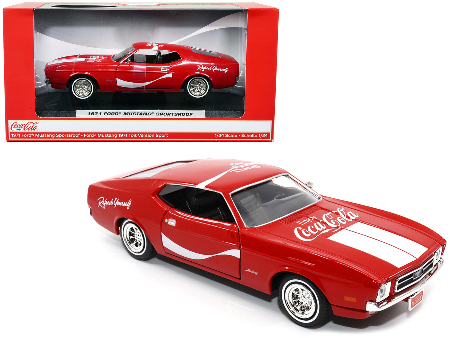 1971 Ford Mustang Sportsroof Red with White Stripes "Refresh Yourself - Coca-Cola" 1/24 Diecast Model Car
