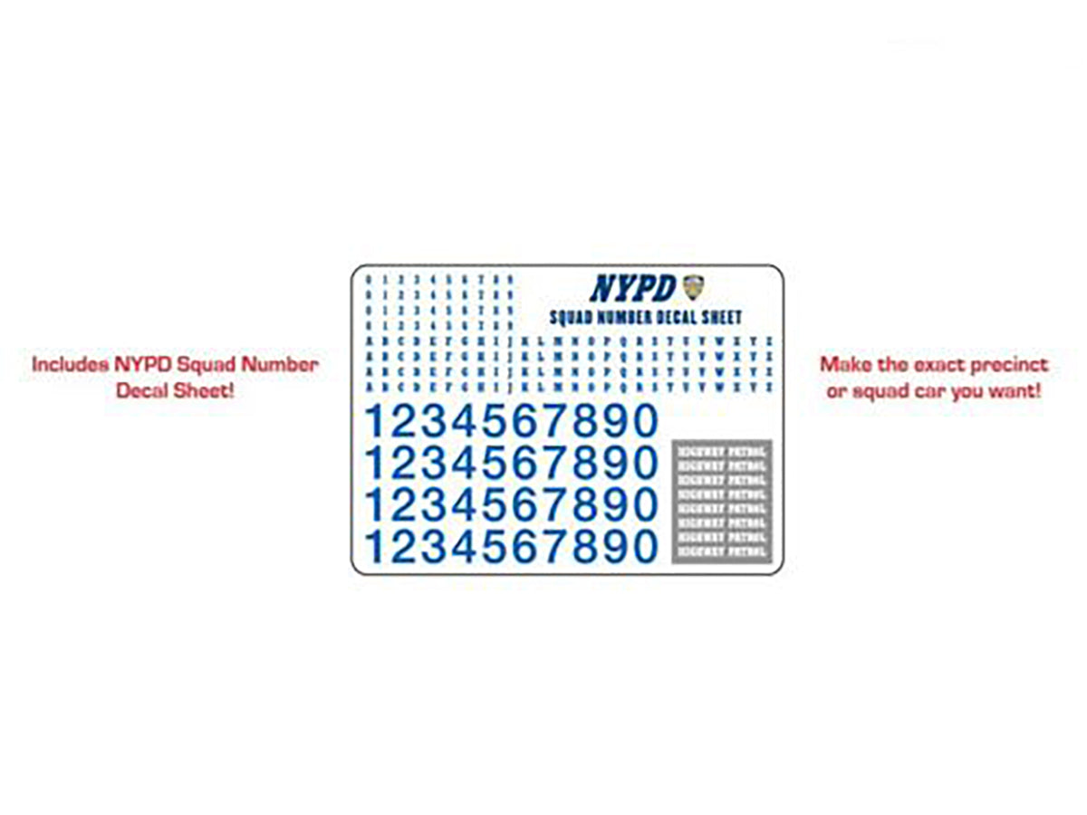 2011 Ford Crown Victoria Police New York Police Department (NYPD) with NYPD Squad Number Decal Sheet Hobby Exclusive 1/64 Diecast Model Car
