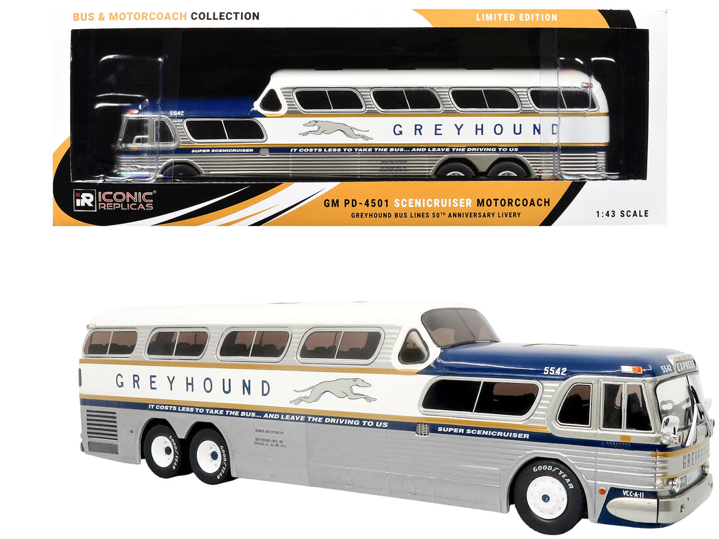 GM PD-4501 Scenicruiser Coach Bus "Greyhound Bus Lines - 50th Anniversary" Raw Metal with Blue and White Top and Gold Stripes "The Bus & Motorcoach Collection" 1/43 Plastic Model