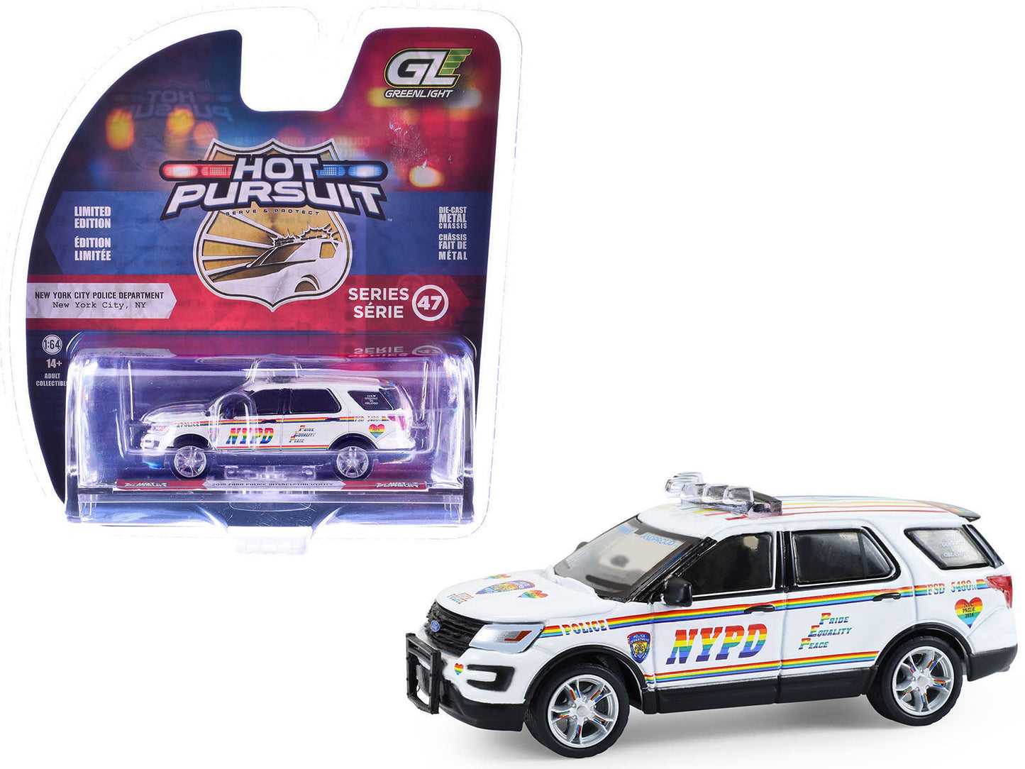 2016 Ford Police Interceptor Utility "New York Police Department (NYPD) Pride Livery" White with Rainbow Stripes "Hot Pursuit" Series 47 1/64 Diecast Model Car