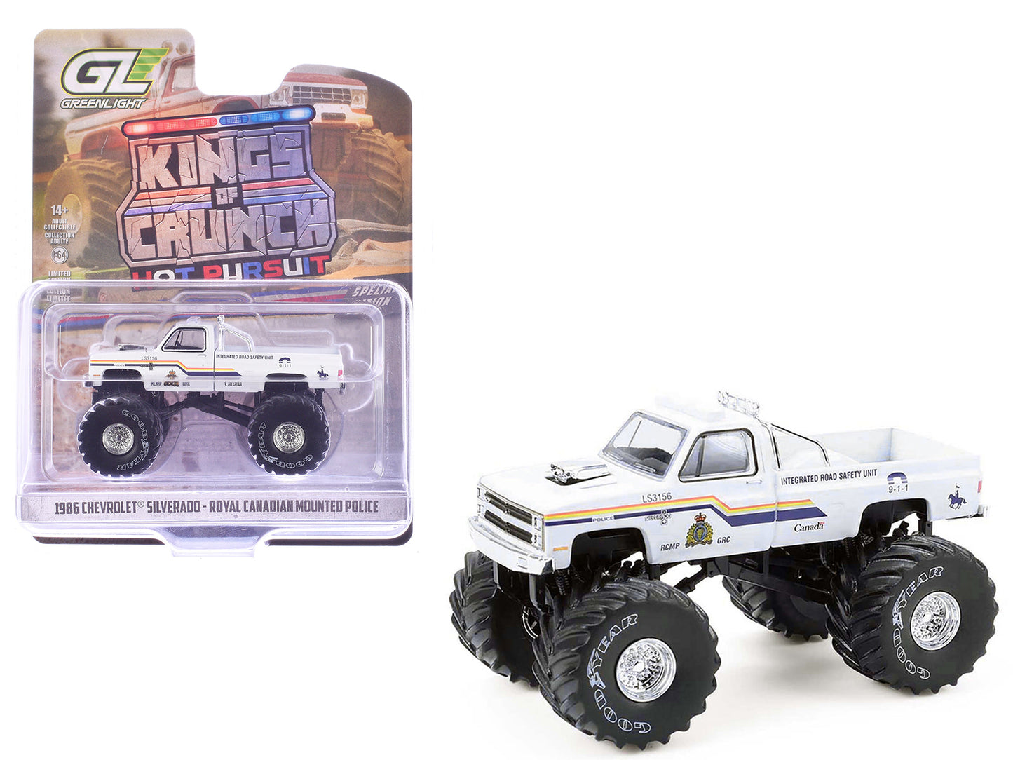 1986 Chevrolet Silverado Monster Truck "Royal Canadian Mounted Police" White with Stripes "Kings of Crunch - Hot Pursuit" Special Edition 1/64 Diecast Model Car