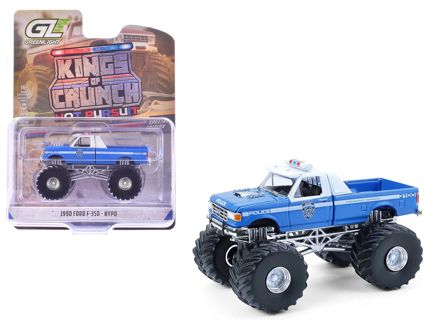 1990 Ford F-350 Monster Truck "NYPD (New York Police Department)" Blue with White Top "Kings of Crunch - Hot Pursuit" Special Edition 1/64 Diecast Model Car