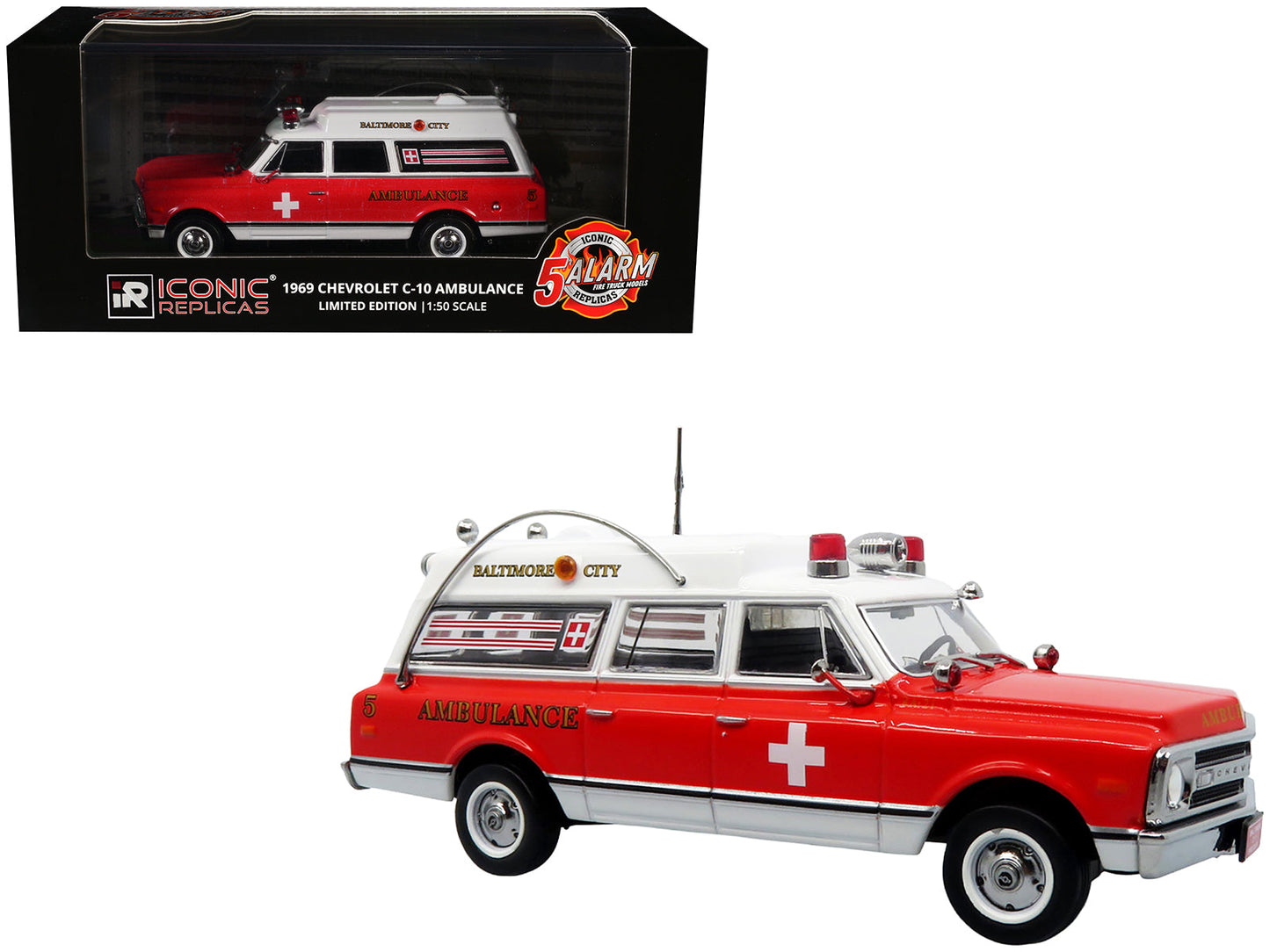 1969 Chevrolet C-10 Ambulance "Baltimore City Fire Department" White and Red "5 Alarm" Series Limited Edition 1/50 Diecast Model