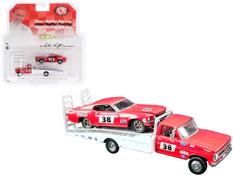 Ford F-350 Ramp Truck #38 Red and White with 1969 Ford Mustang Trans Am #38 Red "Coca-Cola" Allan Moffat Racing "DDA Collectibles" Series "ACME Exclusive" 1/64 Diecast Model Cars