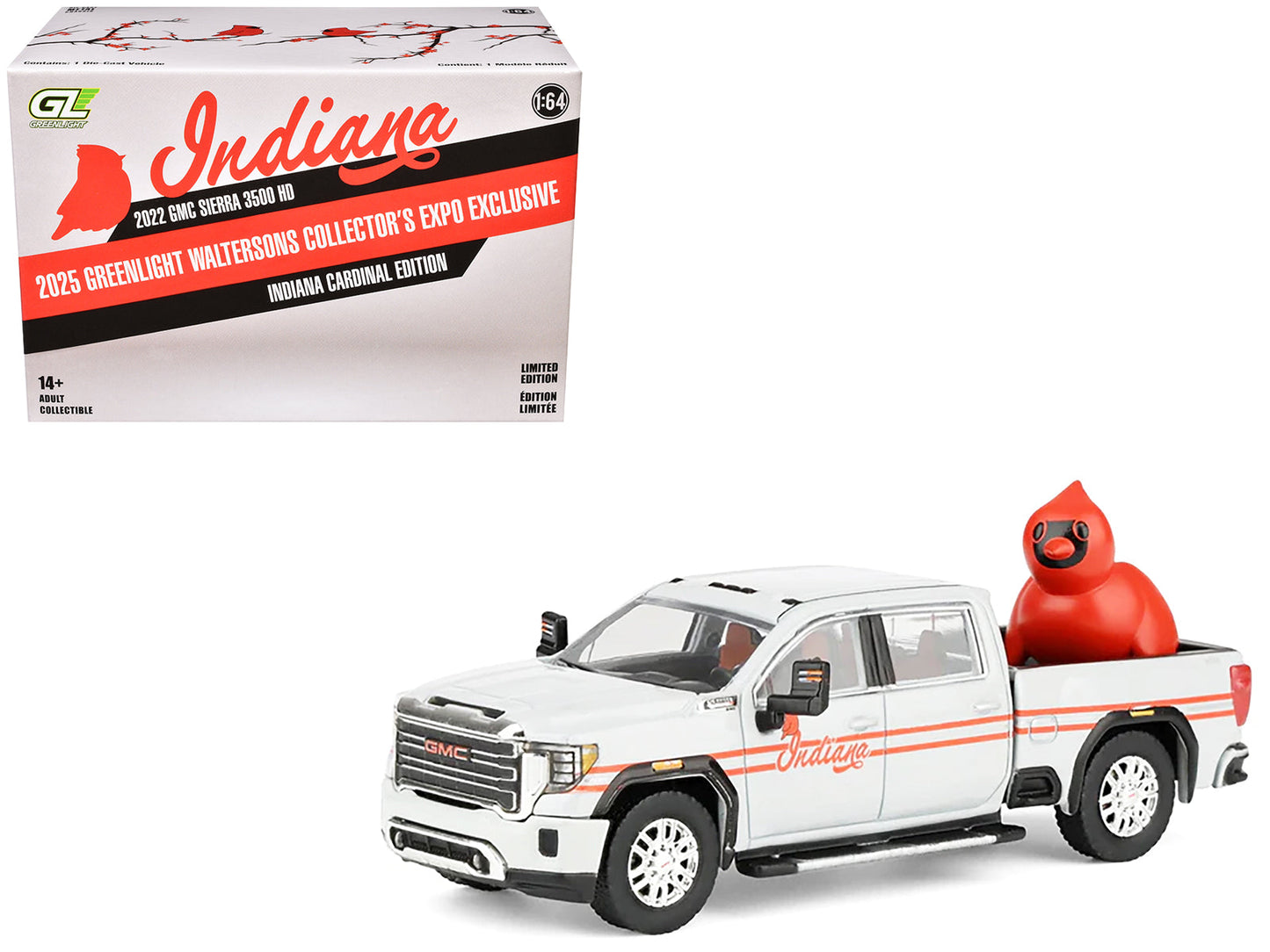 2022 GMC Sierra 3500 HD Pickup Truck "Indiana Cardinals" Silver Metallic with Red Stripes and Cardinal Figure "2025 Greenlight Waltersons Collector's Expo Exclusive" 1/64 Diecast Model Car