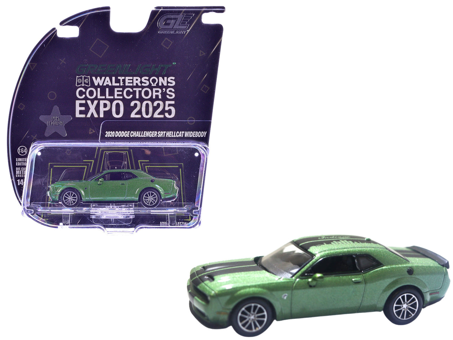2020 Dodge Challenger SRT Hellcat Widebody F8 Green Metallic with Black Indiana Stripes "2025 Greenlight Waltersons Collector's Expo Exclusive" 1/64 Diecast Model Car