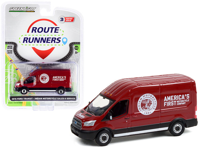 2015 Ford Transit LWB High Roof Van Burgundy "Indian Motorcycle Sales & Service" "Route Runners" Series 3 1/64 Diecast Model