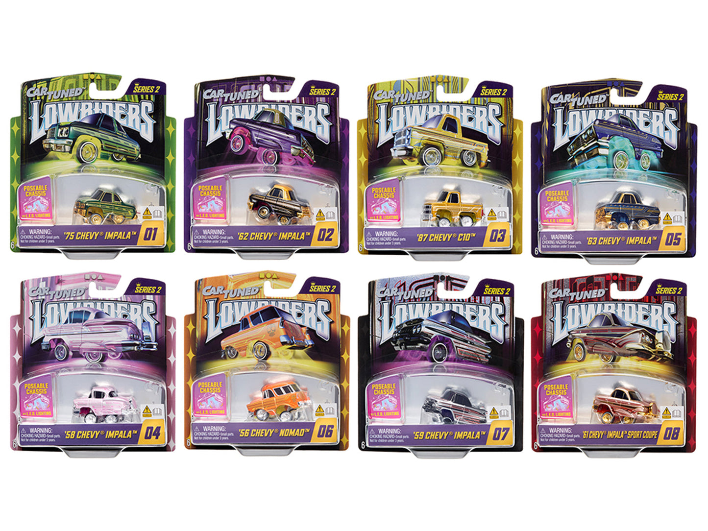 "Lowriders Show Glow" Series 2 Set of 8 Pieces Diecast Model Cars