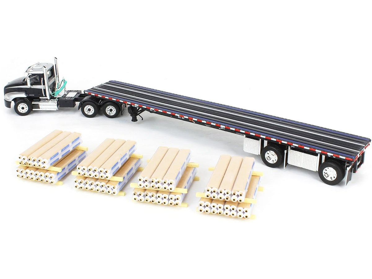 Mack Pinnacle Day Cab with Minimizer Parts & 53' Wilson Roadbrute Flatbed Trailer with "Carlisle Roofing" Loaded Pallets Black with Silver Top and Stripes 1/64 Diecast Model
