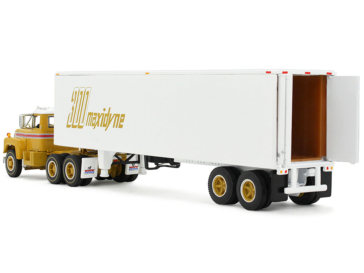 Mack R-Model Day Cab and 40' Vintage Trailer Yellow with Red Stripes and White Top "Mack Anniversary" 1/64 Diecast Model