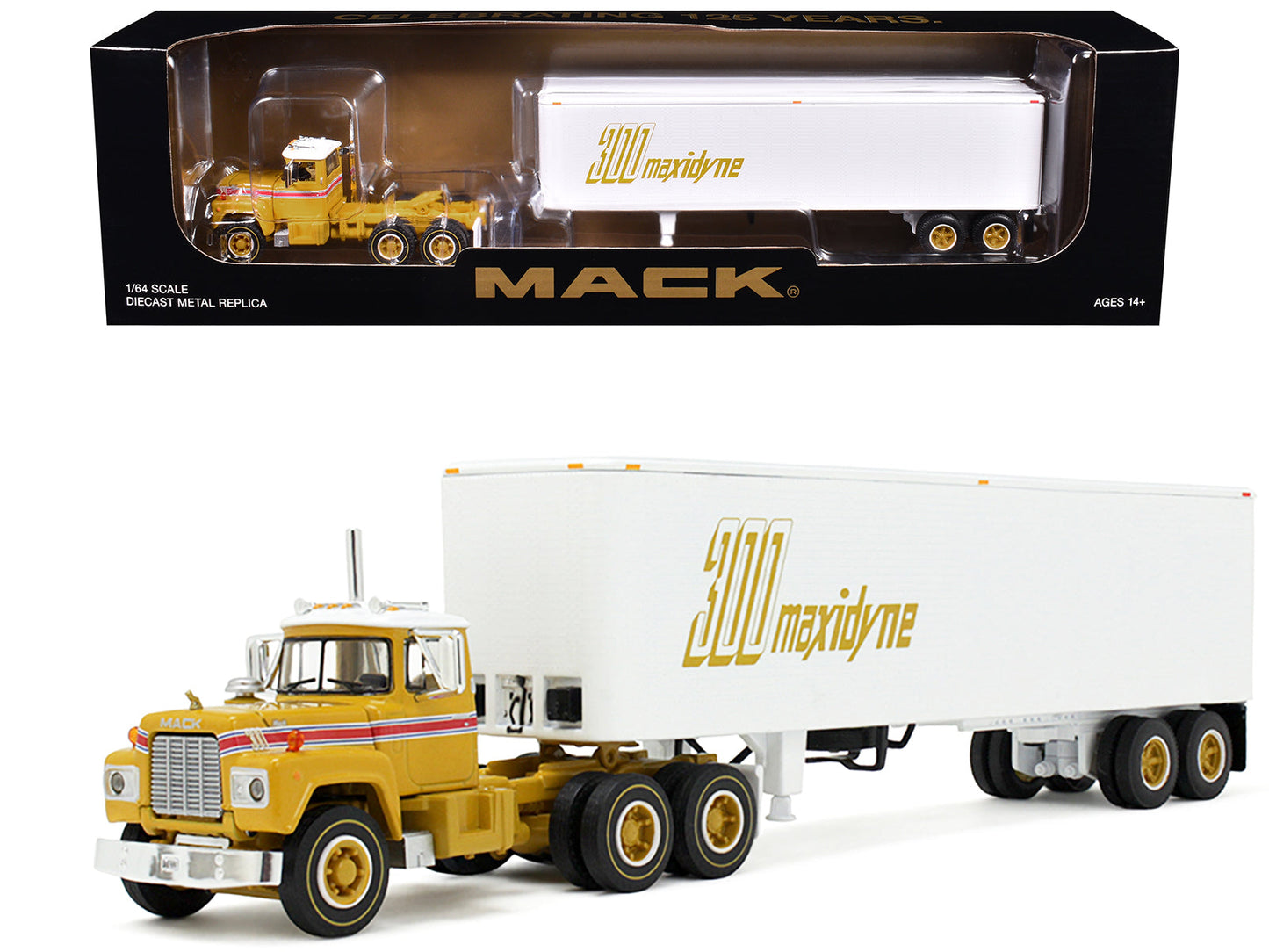 Mack R-Model Day Cab and 40' Vintage Trailer Yellow with Red Stripes and White Top "Mack Anniversary" 1/64 Diecast Model