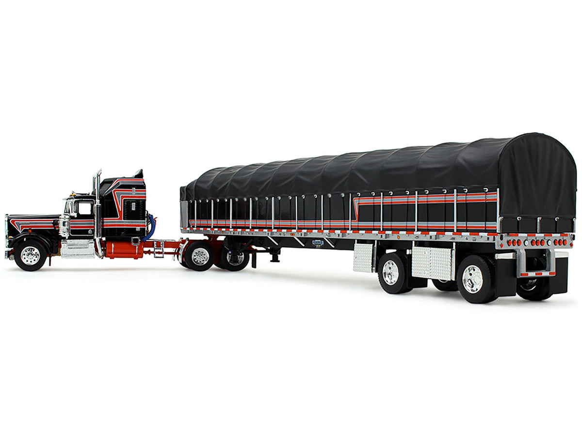 Kenworth W900A with 60" Aerodyne Sleeper and 53’ Wilson Roadbrute Flatbed Trailer with Covered Wagon Black with Red Stripes 1/64 Diecast Model