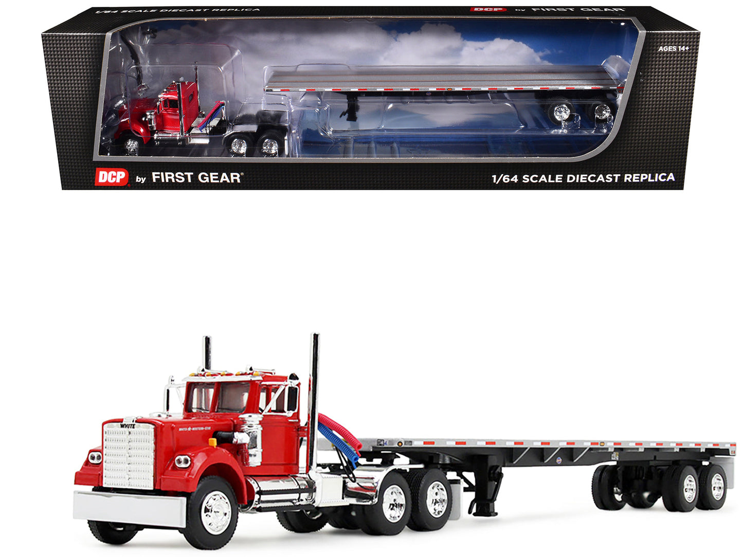 White Western Star 4900 Day Cab with 48’ Utility Flatbed Trailer Viper Red 1/64 Diecast Model