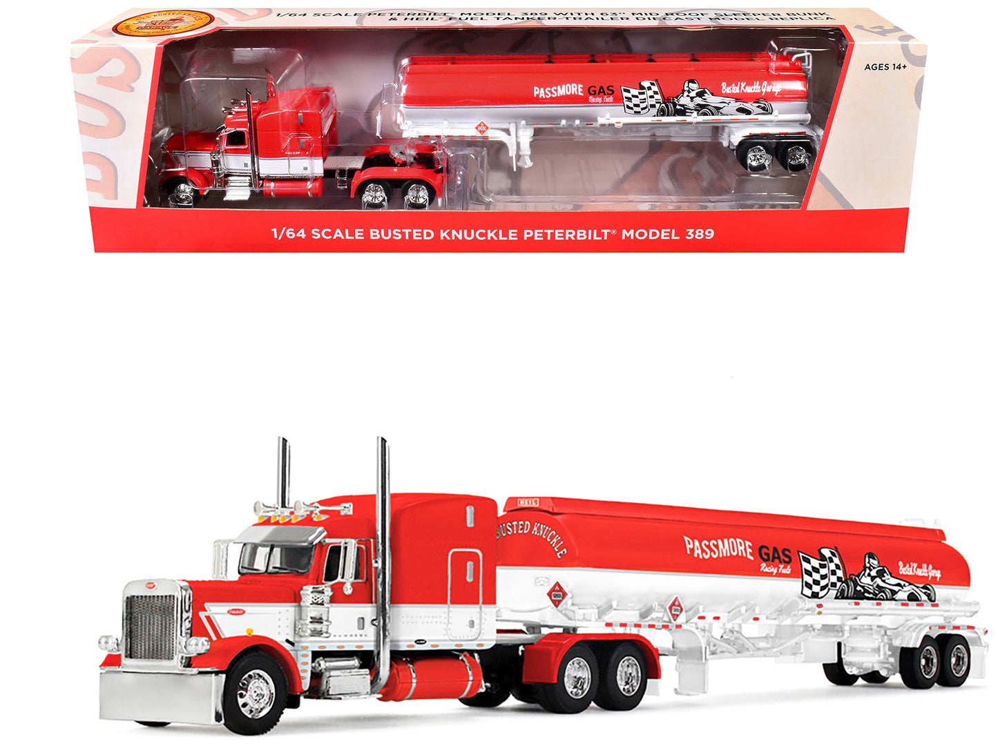 Peterbilt 389 with 63" Mid-Roof Sleeper and Heil Fuel Tank Trailer "Busted Knuckle Garage" Red and White 1/64 Diecast Model