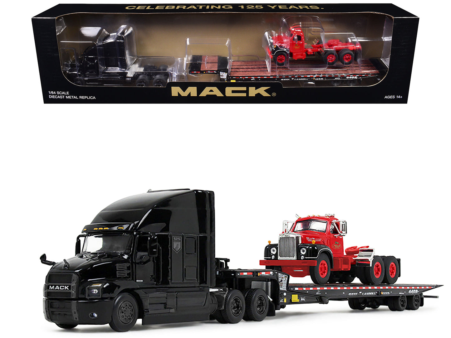 Mack Anthem Sleeper and Landoll 440B-50CA Traveling Axle Trailer Black with Mack B-61 Day Cab Load Red "Mack Anniversary" 1/64 Diecast Model
