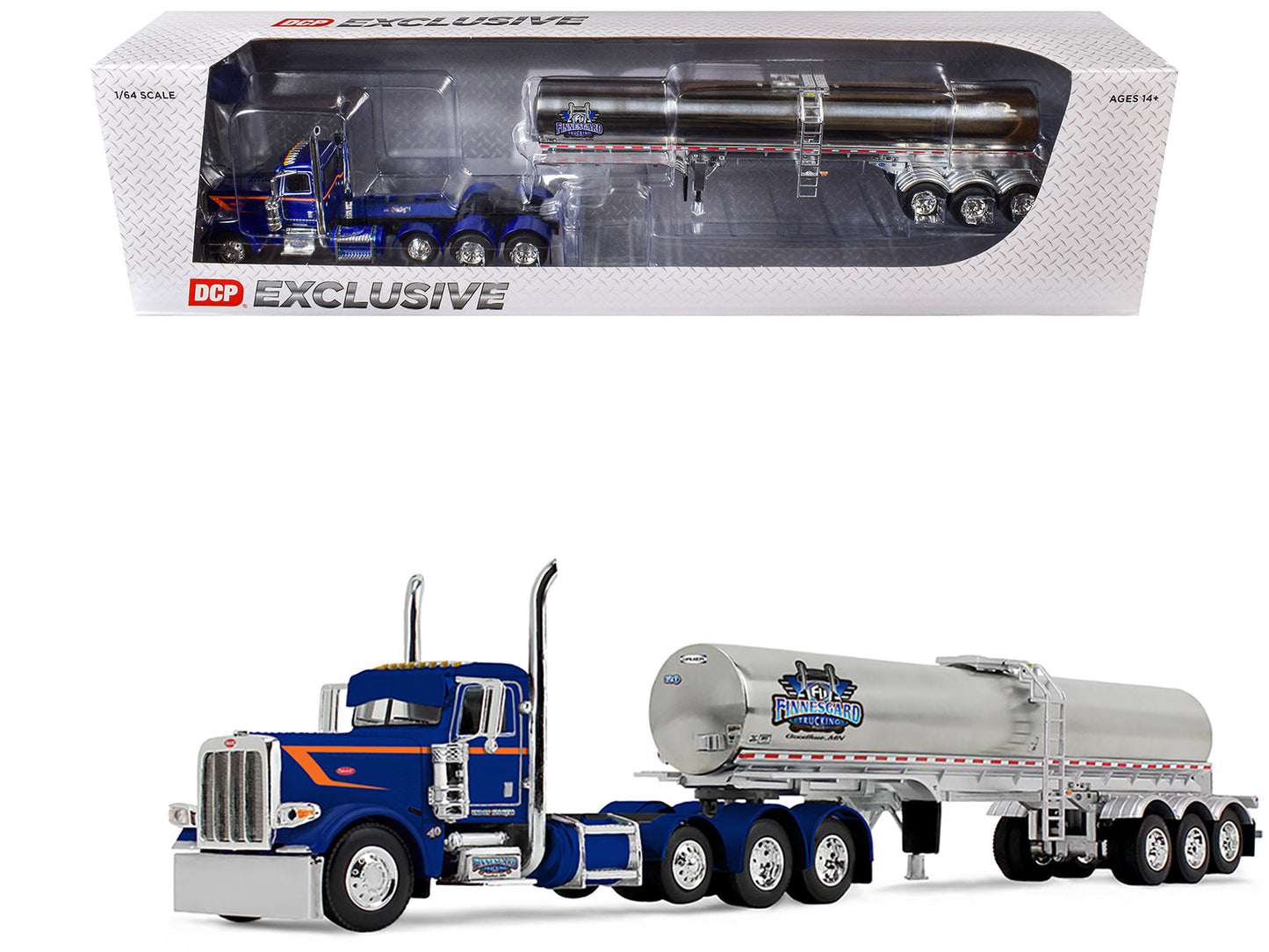 Peterbilt 389 Tri-Axle Day Cab and Walker Food Grade Tank Trailer "Finnesgard Trucking" Blue with Orange Stripes 1/64 Diecast Model
