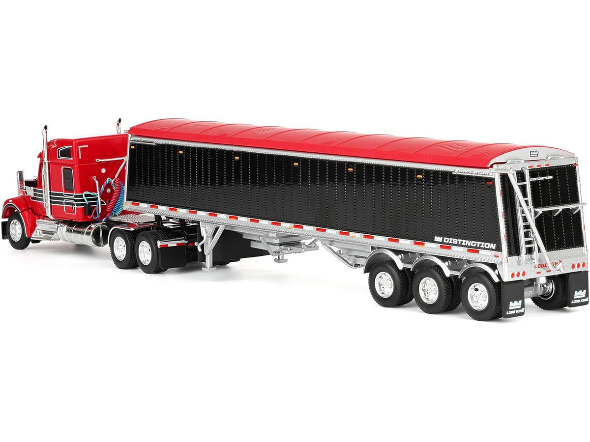Kenworth W990 with 76" Mid-Roof Sleeper and Lode King Distinction Hopper Trailer Red and Black 1/64 Diecast Model