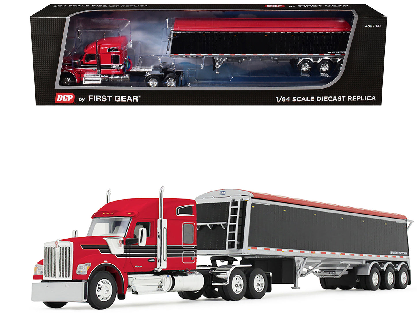 Kenworth W990 with 76" Mid-Roof Sleeper and Lode King Distinction Hopper Trailer Red and Black 1/64 Diecast Model
