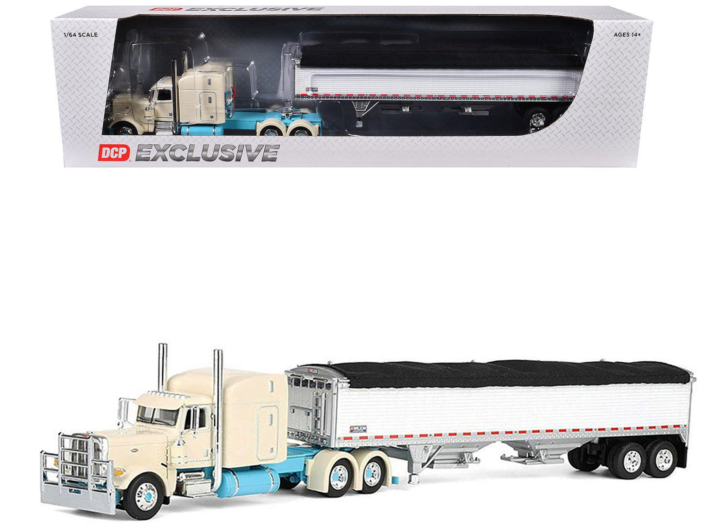 Peterbilt 389 with 63" Mid-Roof Sleeper and 43' Wilson Pacesetter High Sided Grain Trailer "Capitola Trucking" Cream 1/64 Diecast Model