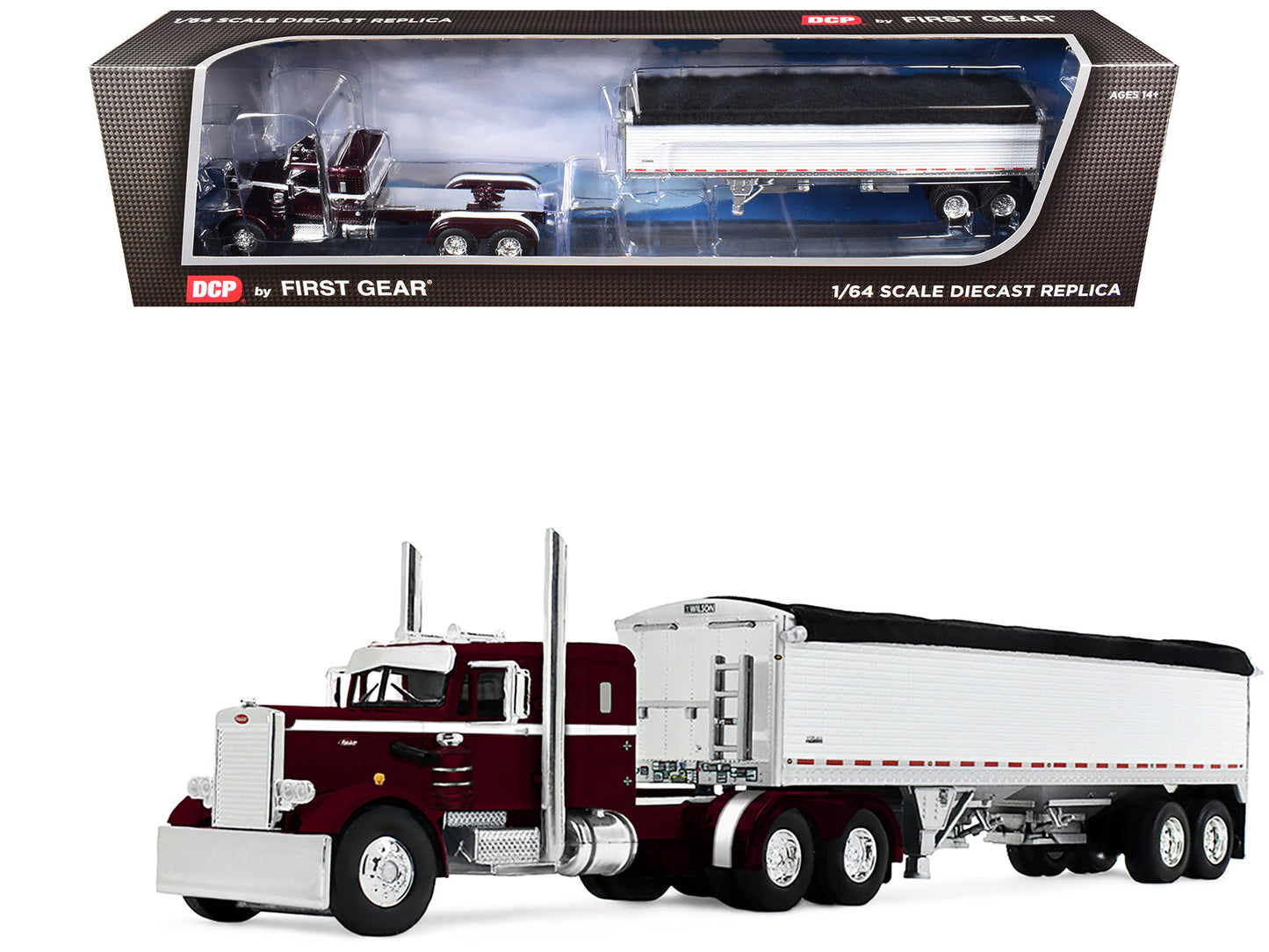 Peterbilt 351 with 36" Sleeper and 34' Wilson Pacesetter Grain Trailer Dark Cherry with White Stripes 1/64 Diecast Model
