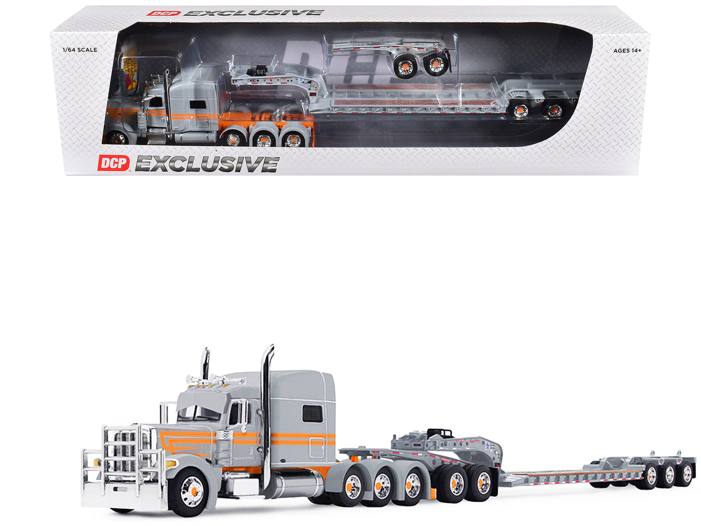 Peterbilt 389 with 70" Mid-Roof Sleeper and Fontaine Magnitude Tri-Axle Lowboy Trailer with Jeep "Capitola Trucking" Gray with Orange Stripes 1/64 Diecast Model
