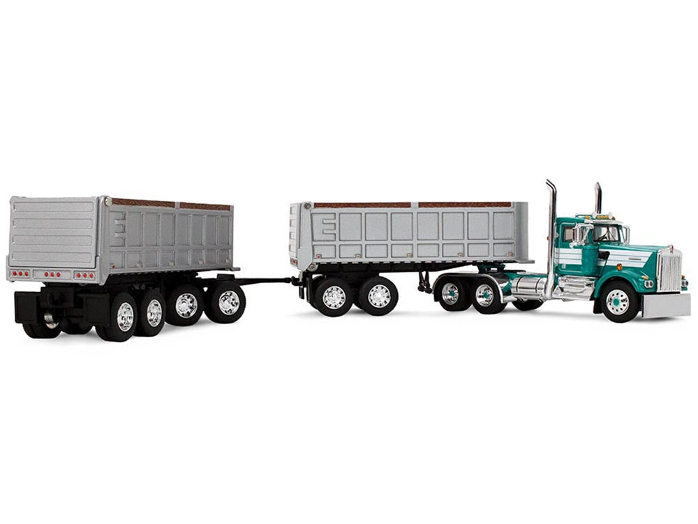 Kenworth W900A Day Cab with 22' Dual End Dump Trailers Turquoise with White Stripes 1/64 Diecast Model