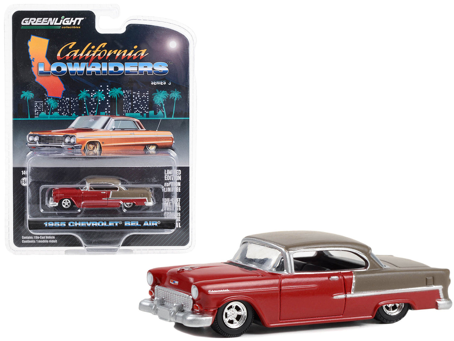 1955 Chevrolet Bel Air Lowrider Ruby Red and Matt Bronze "California Lowriders" Series 3 1/64 Diecast Model Car
