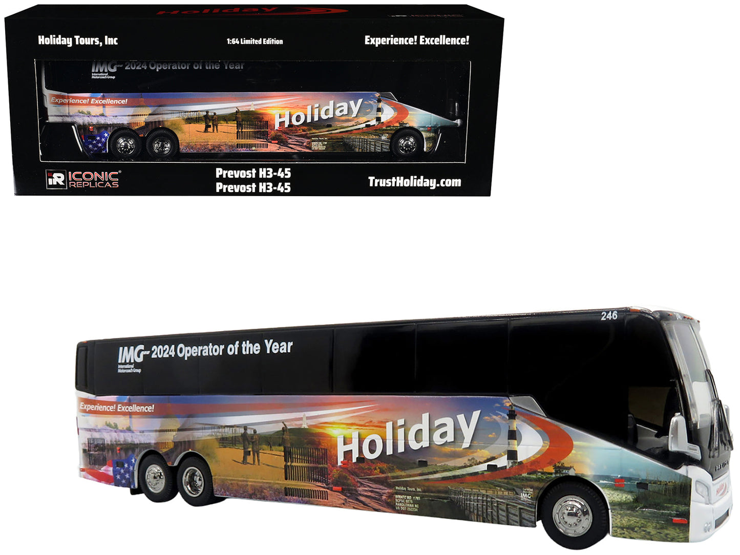 Prevost H3-45 Coach Bus "Holiday Tours - 2024 IMG Operator of the Year" White with Graphics Limited Edition 1/64 Diecast Model