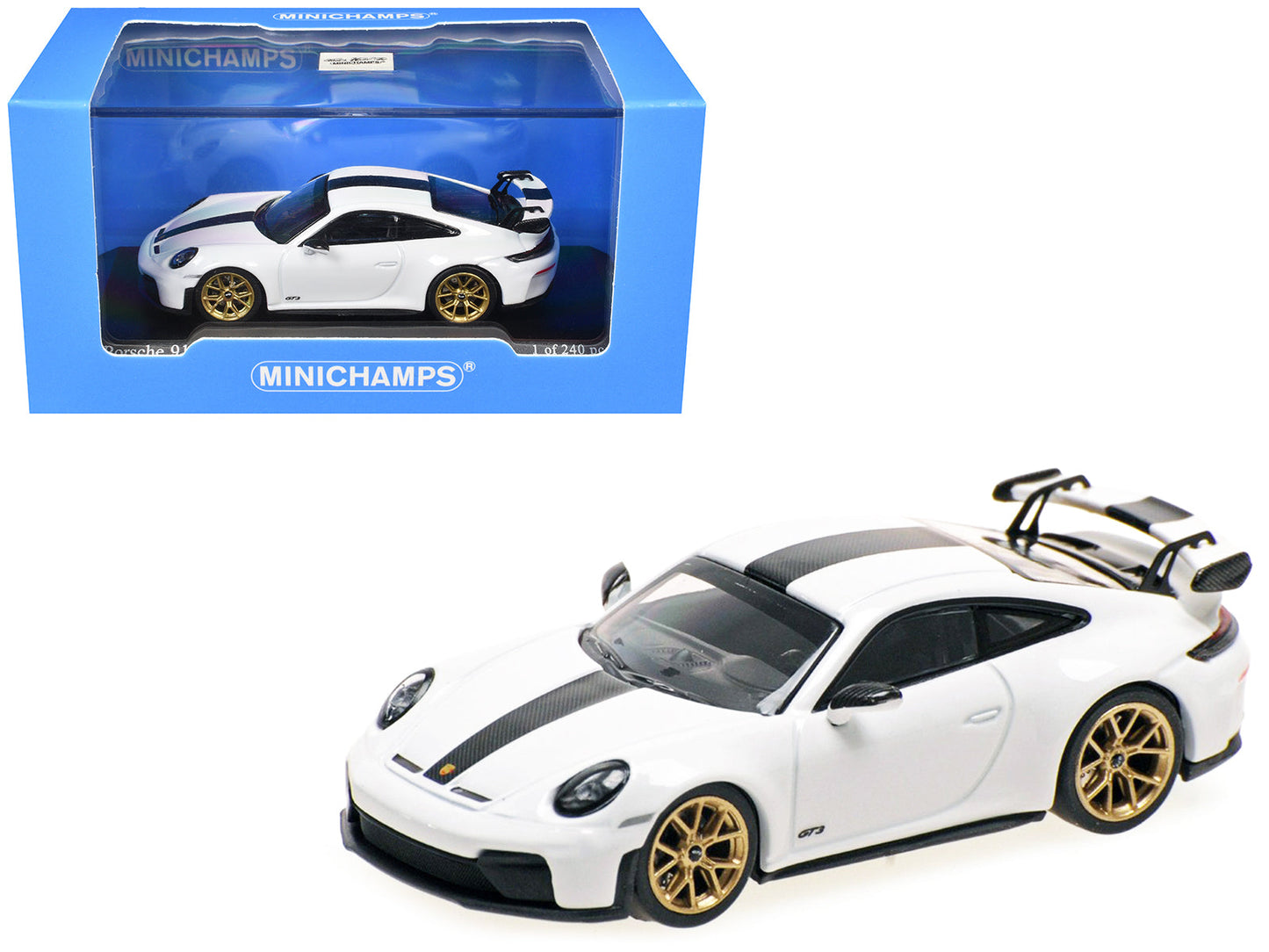 2025 Porsche 911 (992.2) GT3 Weissach Package White with Carbon Stripe Limited Edition to 240 pieces Worldwide 1/64 Diecast Model Car