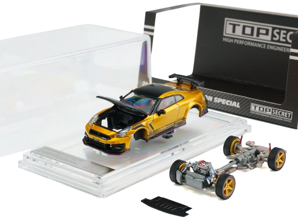 Nissan "Top Secret" GT-R (R35) RHD (Right Hand Drive) Gold Metallic with Carbon Hood and Top "Tokyo Auto Salon 2026" 1/64 Diecast Model Car